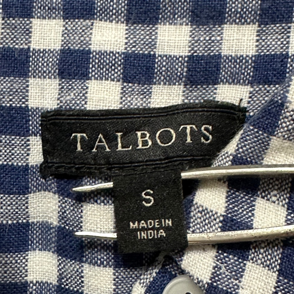 Talbots Navy Blue & White Gingham Check Plaid 100% Linen Button Down Shirt S - Picture 3 of 5